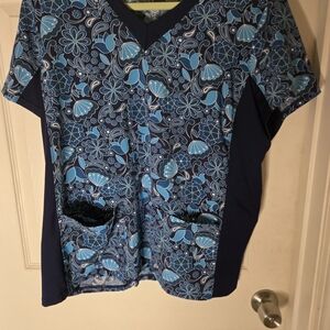 Women's Scrub Top,Floral Blue, 2 Pocket